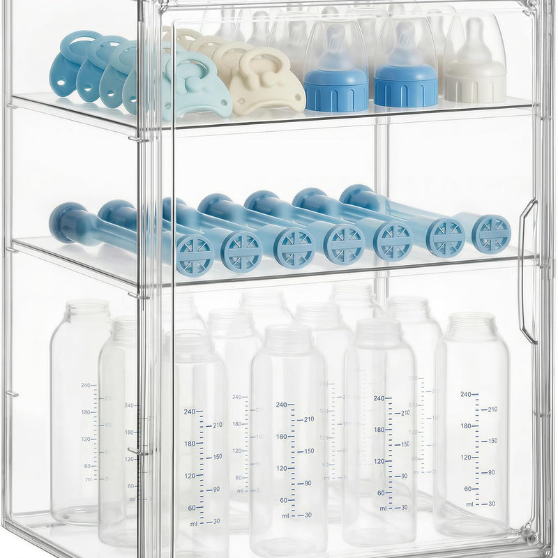 HBlife Baby Bottle Storage Organizer for Countertop Cabinet, 3 Tiers Adjustable Clear Acrylic Bottles Storage Station Case Box Container with 2 Removable Dividers and Magnetic Door, Large