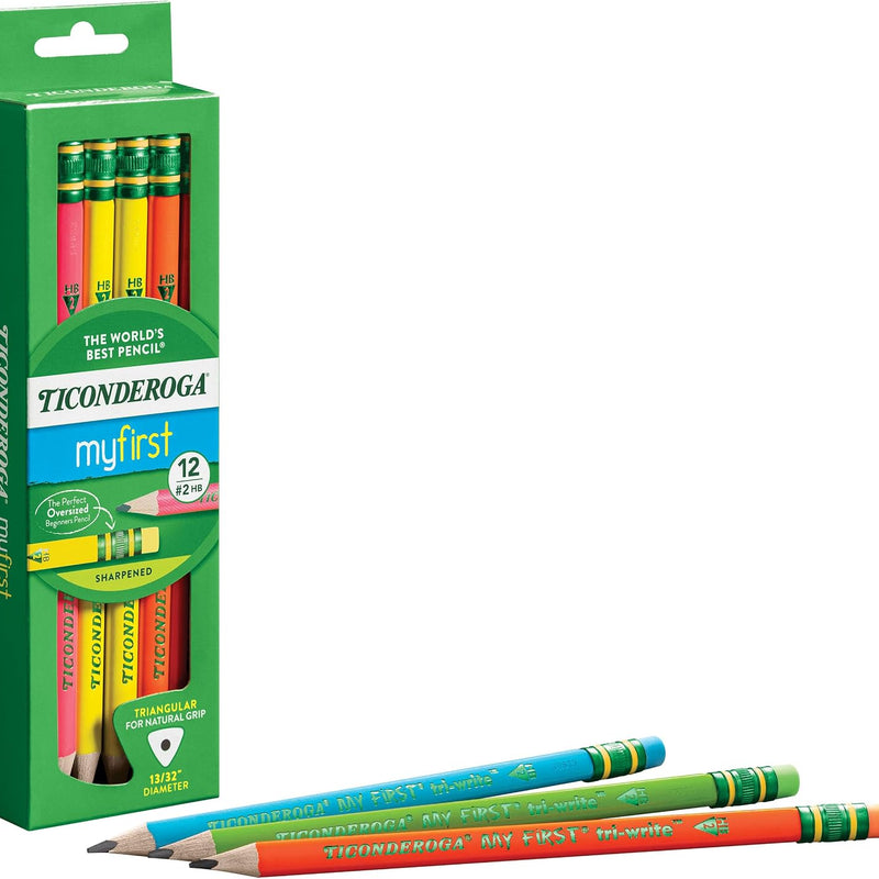 Ticonderoga My First Tri-Write Wood-Cased Pencils, Pre-Sharpened, 2 HB, With Erasers, Neon Colors, 12 Count