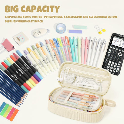 SUNEE Cute Pencil Case, Soft Corduroy Large Capacity Pencil Pouch, Aesthetic Zipper Pencil Bag, Big Storage Pen Organizer for Stationery, Pencil Box Back to School Supplies for Teen Girls Boys, Beige