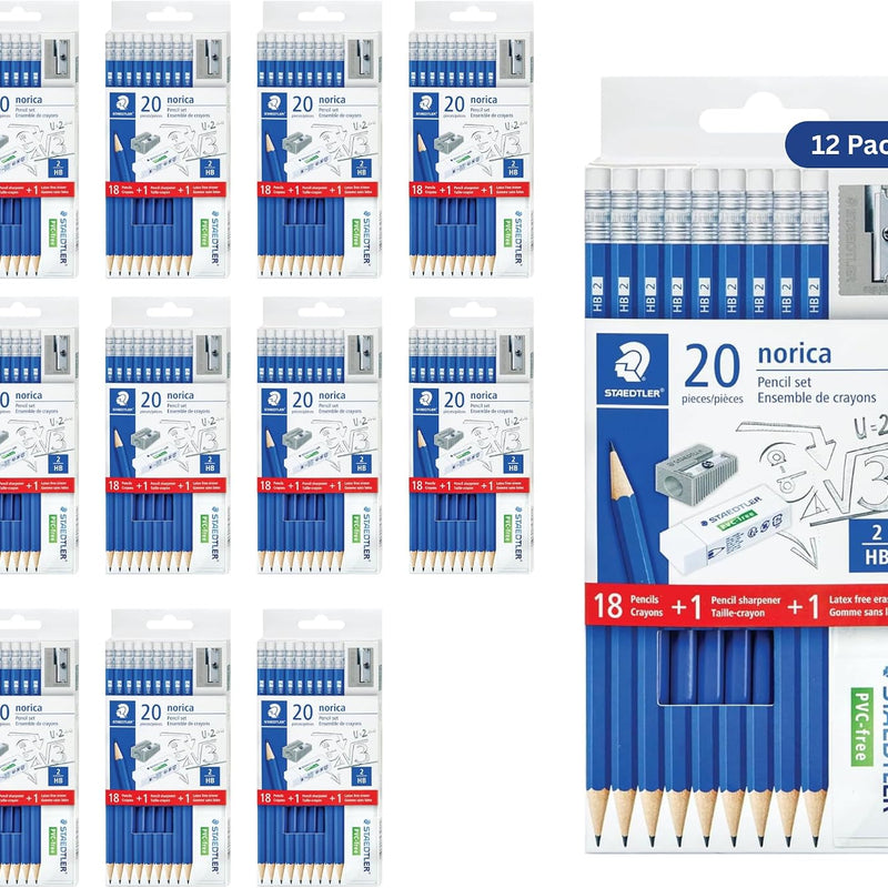 STAEDTLER Norica #2 HB Wood-Cased Pencil Set: 18 Pre-Sharpened Graphite Pencils with 1 Eraser & 1 Sharpener, Break-Resistant Lead, For Writing & Drawing, Blue, Ideal for Classroom, Home & Office