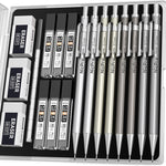 Nicpro 4 Pack Mechanical Pencil 0.7mm with Case, MB1000 Metal Mechanical Pencil Set with 6 Tube HB #2 Lead Refill 0.7 mm, 3PCS 4B Eraser, 9 Cap Eraser for Artist Drafting Writing, Sketching, Drawing