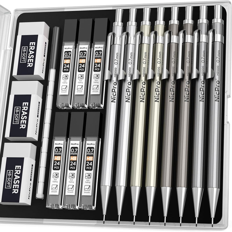 Nicpro 4 Pack Mechanical Pencil 0.7mm with Case, MB1000 Metal Mechanical Pencil Set with 6 Tube HB #2 Lead Refill 0.7 mm, 3PCS 4B Eraser, 9 Cap Eraser for Artist Drafting Writing, Sketching, Drawing