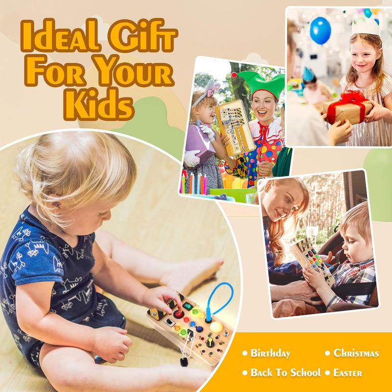 Montessori Wooden Busy Board with 8 LED Light Switches and Sensory Toys for 1+ Year Old Babies
