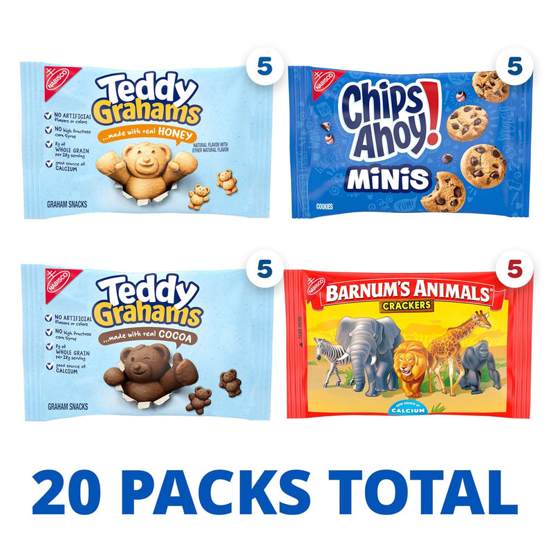 Nabisco Fun Shapes Snacks Variety Pack, 3 Flavors, 20 Snack Packs | BARNUM'S Animal Crackers, TEDDY GRAHAMS, CHIPS AHOY! Minis Cookies, Individually Wrapped