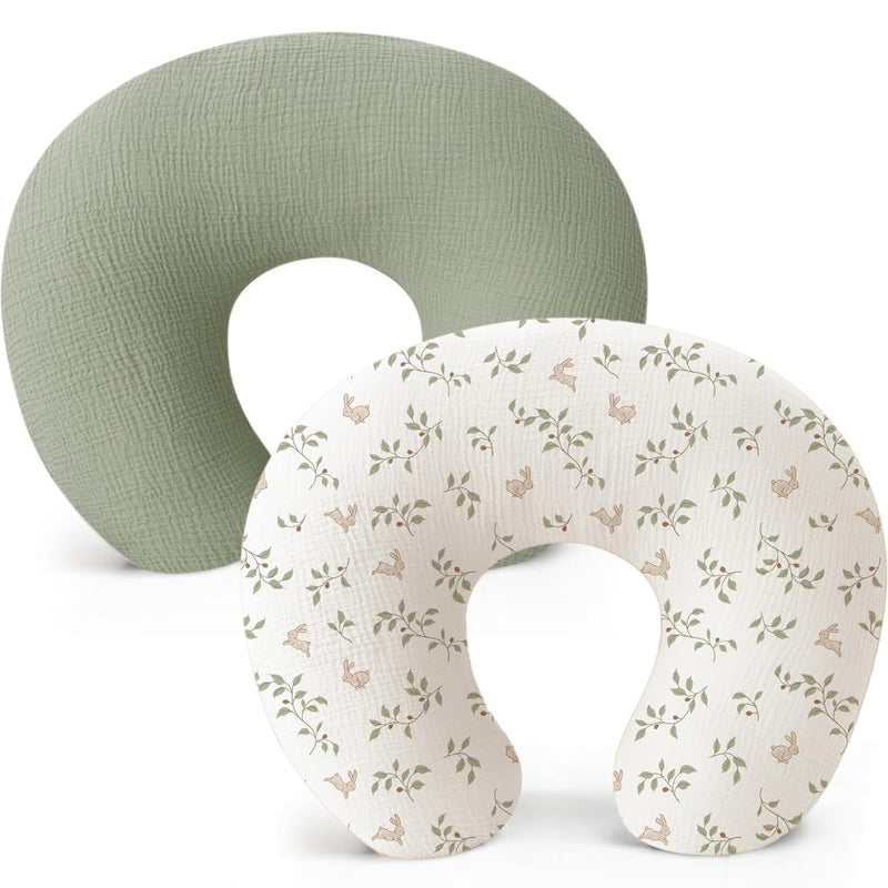 Konssy 2-Pack 100% Cotton Muslin Nursing Pillow Covers, Soft Cover for Baby | Covers Only, Breastfeeding Pillows Slipcovers for Baby Boys & Girls, Hidden Zipper, Machine Washable, (Fog Green, Cream)