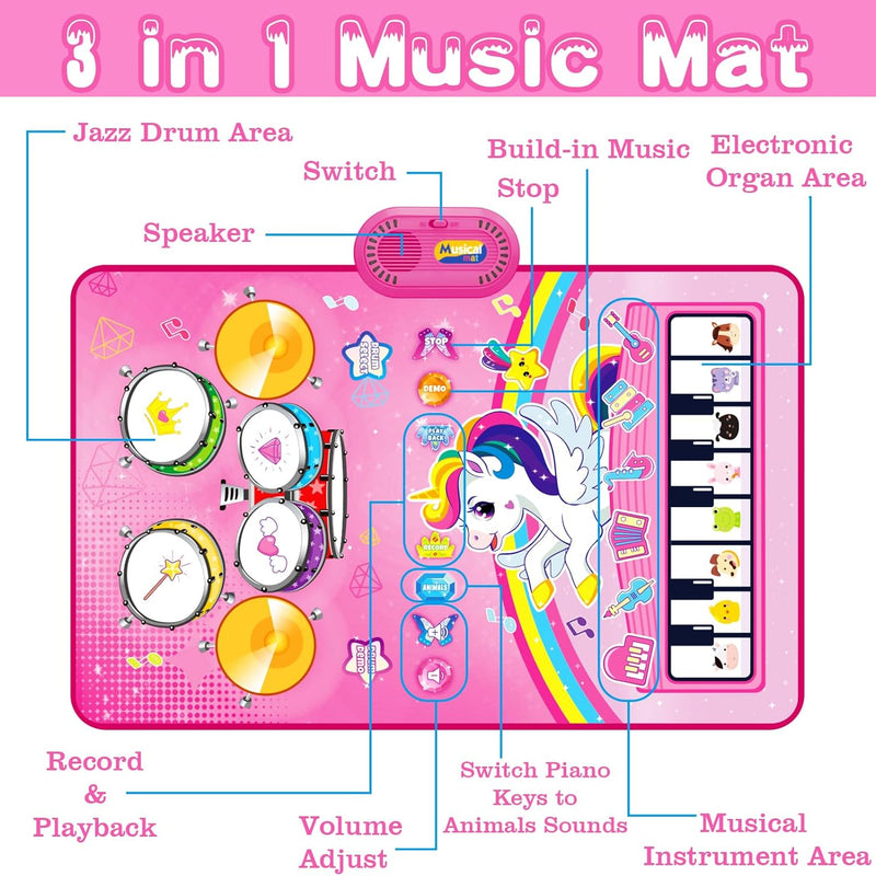 Baby Music Mat 3 in 1 Piano Drum Animal Touch Unicorn Toy for 1 2 Year Old Girls