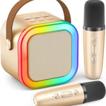 rose gold mini karaoke machine with 2 wireless microphones and 6-10h battery life