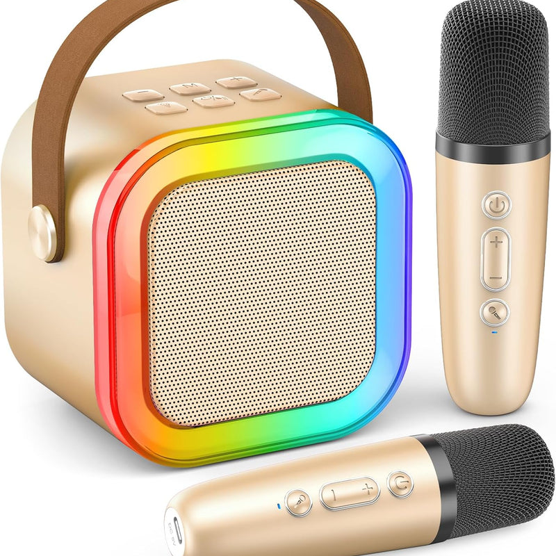 rose gold mini karaoke machine with 2 wireless microphones and 6-10h battery life
