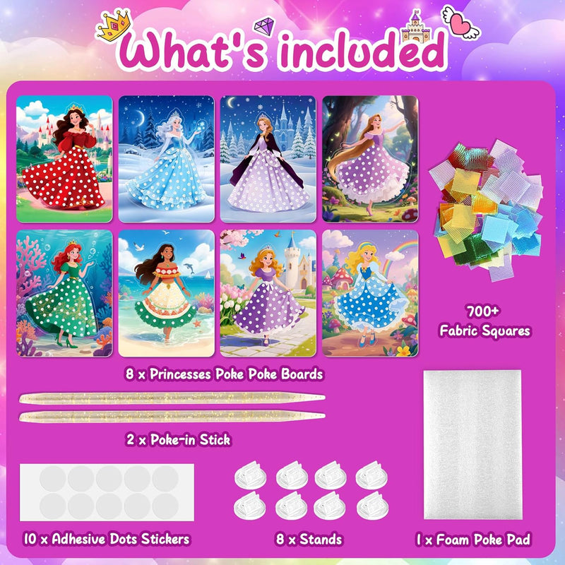 8PCS Poke Art Kits - Magical Princesses, Mess-Free Fabric Creative Art, DIY Arts and Crafts Toys for Kids Ages 3-12, Birthday Gifts & Party Favors for Girls & Boys 4, 5, 6, 7, 8, 9 Years Old