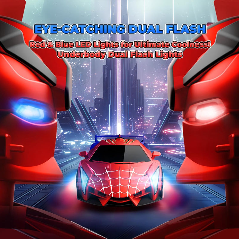 Spider Transform RC Car with Eye & Underbody Lights, 2.4GHz Remote Control, Fast 360°Rotation Robot Toy for Boys 3-12 Years Old