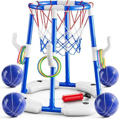 JUKUDAHU Pool Basketball Hoop, 2-in-1 Boy Pool Toys for Kids Ages 4-8 | Floating Pool Ring Game with 4 Balls and Pump, Outdoor Swimming Water Play Toy, Summer Water Toys for Kids Adults Age 3-12