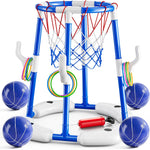 JUKUDAHU Pool Basketball Hoop, 2-in-1 Boy Pool Toys for Kids Ages 4-8 | Floating Pool Ring Game with 4 Balls and Pump, Outdoor Swimming Water Play Toy, Summer Water Toys for Kids Adults Age 3-12