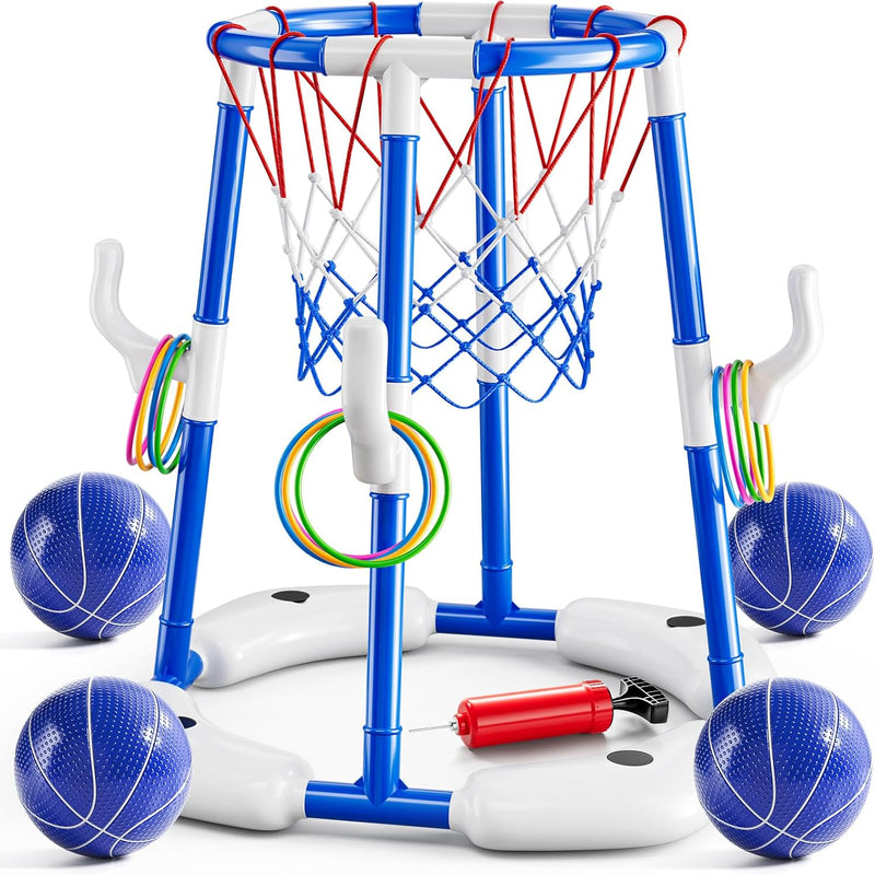 JUKUDAHU Pool Basketball Hoop, 2-in-1 Boy Pool Toys for Kids Ages 4-8 | Floating Pool Ring Game with 4 Balls and Pump, Outdoor Swimming Water Play Toy, Summer Water Toys for Kids Adults Age 3-12