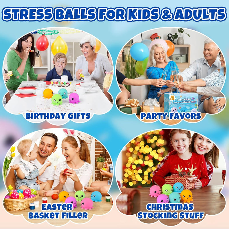 12 Pack Stress Balls for Adults, Cute Octopus Fun Squish Ball, Fidget Toys Bulk Squishy Squeeze Ball Set and Birthday Party Favors Toys for Kids