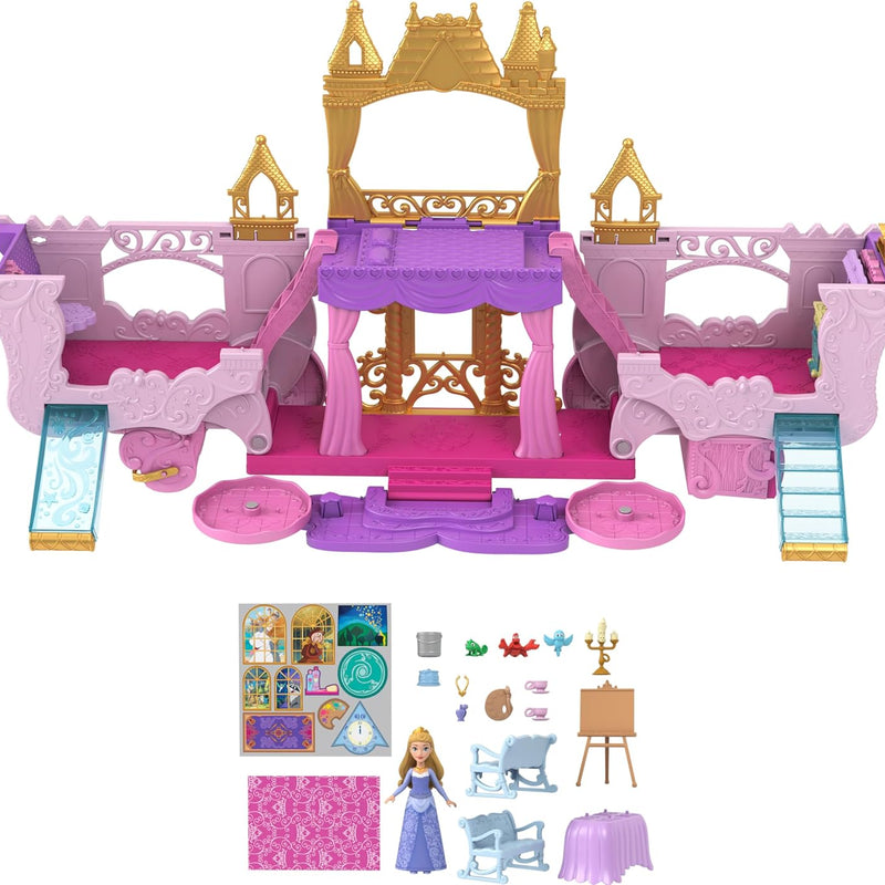 Mattel Disney Princess Toys, Carriage to Castle Transforming Playset with Aurora Small Doll, 4 Figures, Furniture & Accessories​​​