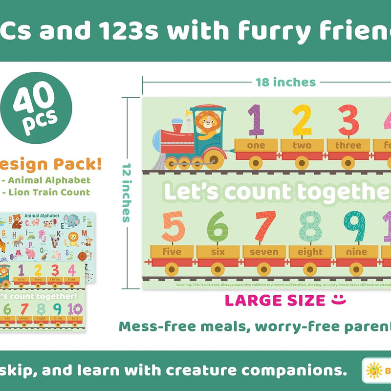 Bright Seed Disposable Placemats for Baby & Toddlers, Learning Mat- Animal1 | 40 Disposable Placemats, ABC, Numbers & Animal Learning, Perfect for Restaurants & Travel, Helps Keep Tables Clean