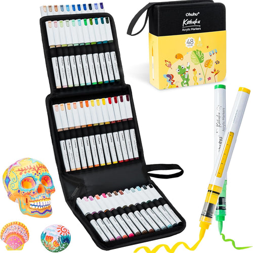 Ohuhu Acrylic Paint Markers Brush Tip: 48 Colors Automatic Ink Control Acrylic Markers High Opacity Paint Pens Water-Resistant Lightfast for Rock Painting 3D Prints Easter Egg Wood DIY Crafts - Kahuku