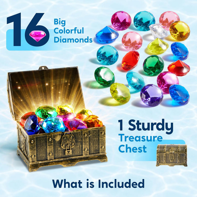 Sloosh Diving Gems Pool Toys, 16 Big Colorful Diamond with Pirate Treasure Chest,Swim Dive Toy for Kids Underwater Gemstone Swimming Training Gift Water Pool Games(Gold)