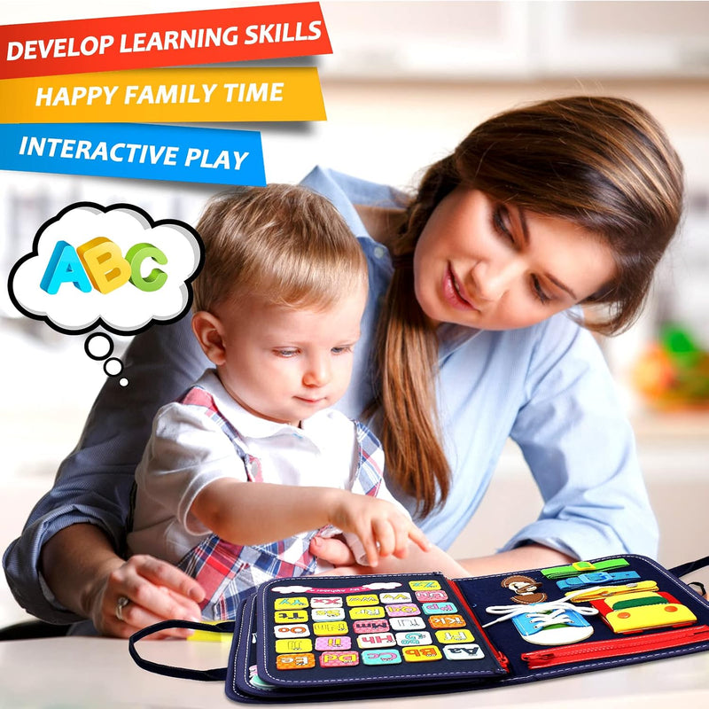 Montessori Busy Board & Busy Book for Toddlers – Sensory & Learning Toy that Keeps Kids Busy, Travel Toy for Airplane & Car, Screen for Boys & Girls (Blue/P4)