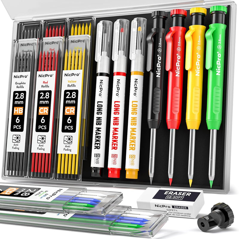 Nicpro 2 Pack CP1000 Carpenter Pencil with Sharpener, Mechanical Carpenter Pencils with 26 Refills, Deep Hole Long Nib Marker Pens for Construction, Heavy Duty Woodworking Pencil for Architect Marking