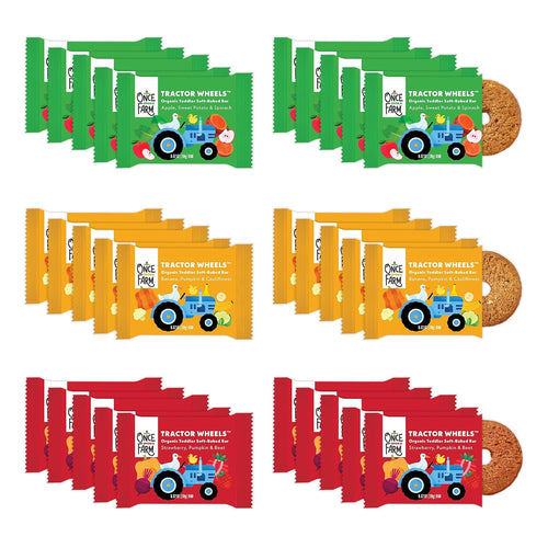 Once Upon a Farm Organic Tractor Wheels Bars Variety Pack, 30 Ct, Non-GMO | Once Upon a Farm Organic Tractor Wheels Bars Variety Pack, Apple, Strawberry, Banana, No Added Sugar, Non-GMO, 30 Bars