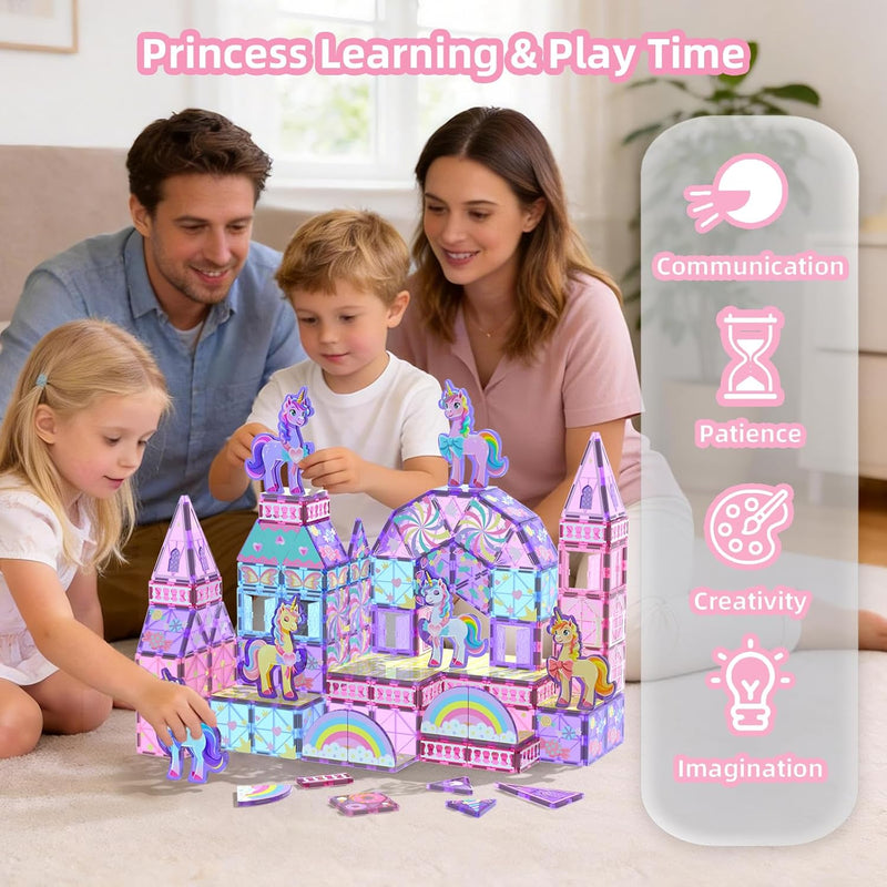 GobiDex 100PCS Unicorn Magnetic Tiles with 6 Unicorns, Princess Castle Unicorn Toys for Girls Age 4-6, Magnetic Building Blocks Toys for 3 4 5 Year Old Girl Birthday Gifts