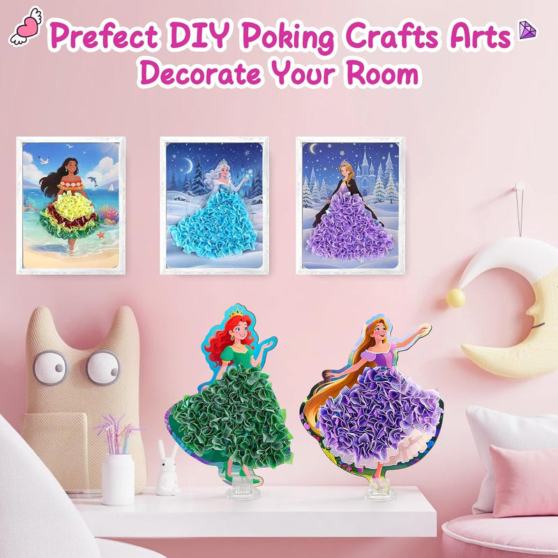8PCS Poke Art Kits - Magical Princesses, Mess-Free Fabric Creative Art, DIY Arts and Crafts Toys for Kids Ages 3-12, Birthday Gifts & Party Favors for Girls & Boys 4, 5, 6, 7, 8, 9 Years Old