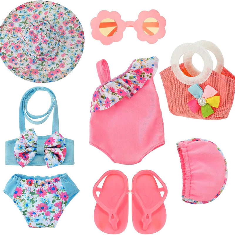 Kajaia 8 Pcs 18 Inch Doll Clothes and Accessories Summer Dolls Swimsuits Beach Playsets Include Doll Swimsuit Bikini Dress Flip Flops Hat Sunglasses Handbag Swim Accessories for 18 Inch Girl Dolls