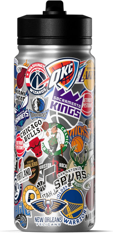 Hydrapeak NBA Officially Licensed All-Team Sticker Print Logo 20oz Kids Water Bottle, Straw Lid & Handle, Insulated Sports Bottle for Sports, Camp, School & Everyday Adventures