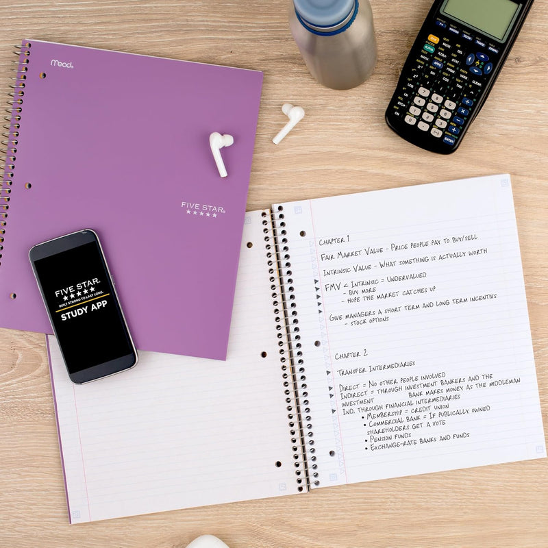 Five Star Spiral Notebook + Study App, 1 Subject, College Ruled Paper, 8-1/2" x 11", 100 Sheets, Fights Ink Bleed, Water Resistant Cover, Amethyst Purple (38744)