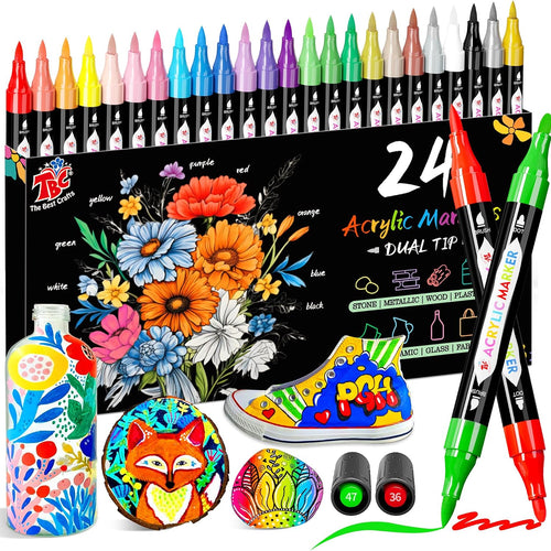 TBC The Best Crafts Acrylic Paint Markers, 24 Colors Dual Tip – Waterproof, Non-Toxic, Fast-Drying Art Pens for Rock Painting, Wood, Glass, Ceramic, Fabric – Art Supplies for Artists & Hobbyists