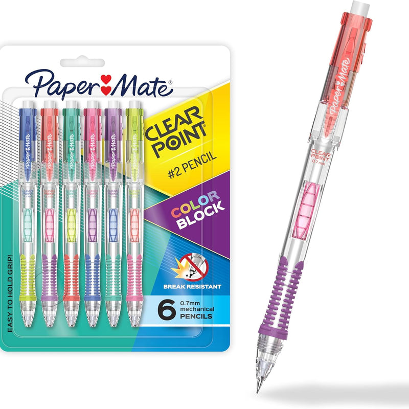Paper Mate Clearpoint Mechanical Pencil, Break-Resistant, Color Block Edition, HB #2 Lead (0.7mm), 6 Count