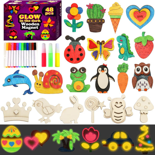 48 Pcs DIY Wooden Magnets, Wooden Art Craft Supplies Painting Kit for Kids | Ages 4-8 8-12 Glow in The Dark Party Favors Goodie Bag Stuffers Birthday Gifts Toys for Boys Girls
