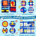 Blue toddler busy board with 12 pages of interactive learning activities for boys, ideal birthday gift for 1-3 year olds