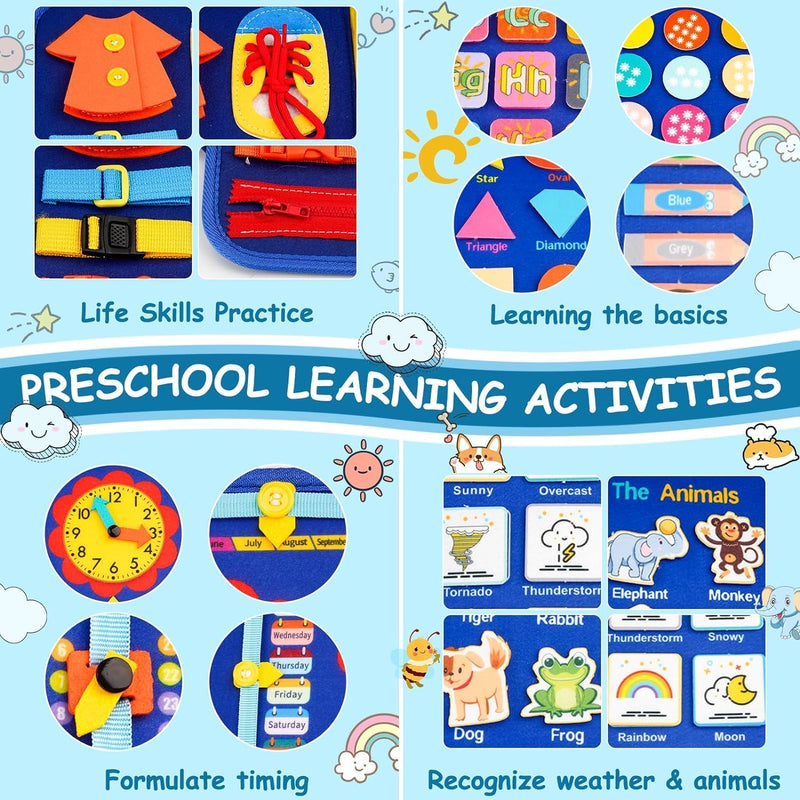Blue toddler busy board with 12 pages of interactive learning activities for boys, ideal birthday gift for 1-3 year olds