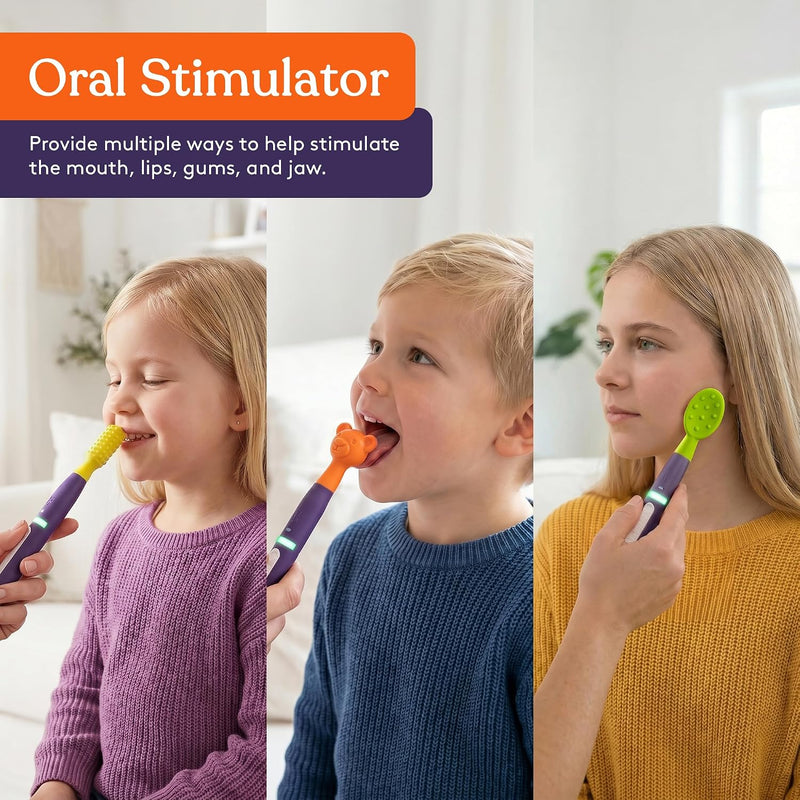 Special Supplies Buzz Buddy Oral Motor Stimulation Kit with 6 Soft Textured Interchangeable Heads, Calm Sensory Needs, Support Speech, and Stimulate Self Feeding, Gentle Vibrations (Purple)
