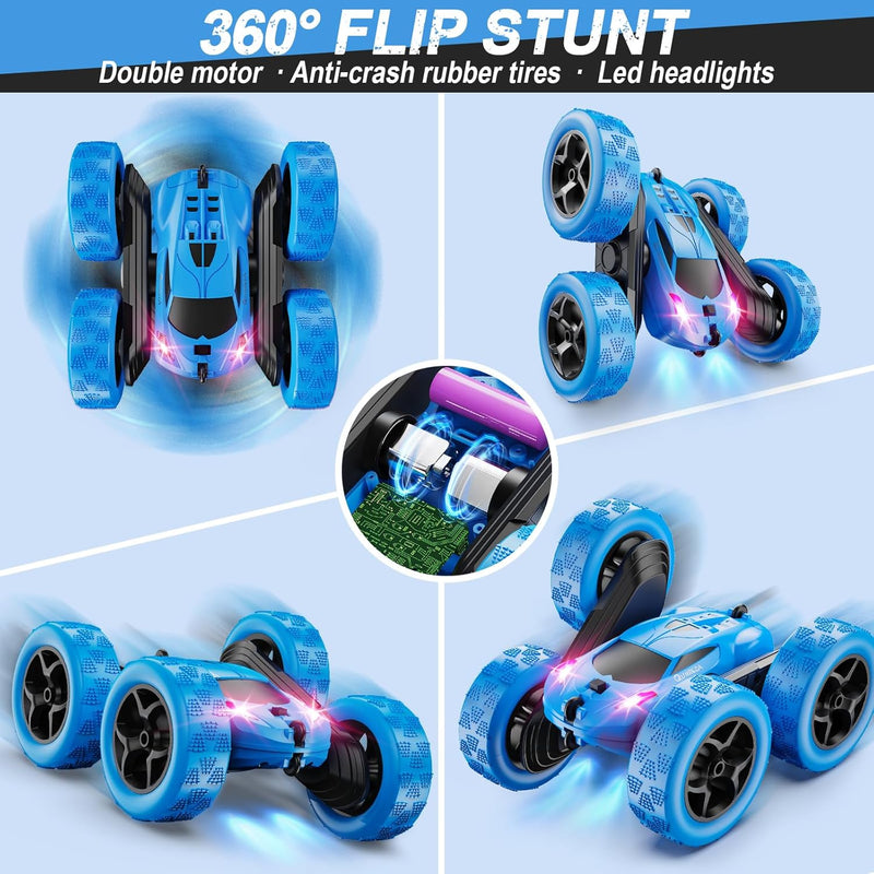 Qunreda 4WD RC Stunt Car for Kids, 2.4GHz, LED Lights, 360° Flips, Upgraded USB-C Batteries, 6-12 years old