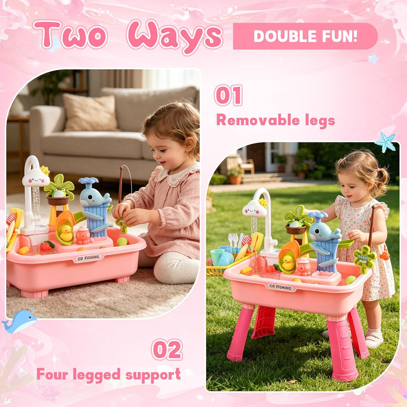 Ploomi Upgraded Toddler Sand Water Table Toy with Electric Water Pump, Kids Sand Water with Faucet/Play Food Accessories/Fishing Toy, Kitchen Play Sink Toys for Girl Boy Age 3+
