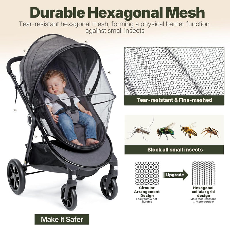 Orzbow Baby Mosquito Net for Stroller, Universal Fit, Breathable, Black | Tear-Resistant Mesh, Insect Barrier w/Travel Bag for Stroller, Car Seat, Bassinet, Cradle, Mini Cribs, Baby Summer Essential