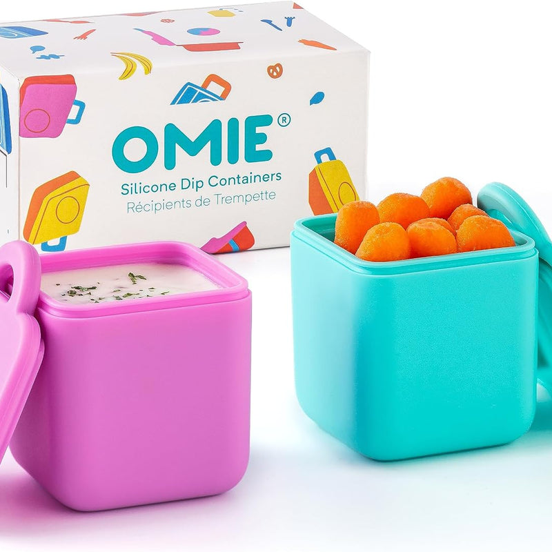 OmieBox (2 pack) Leakproof Dips Containers To Go, Salad Dressing Container, Condiment Container with Lids - Food Safe Silicone - 4 ounces (Blue/Lime)