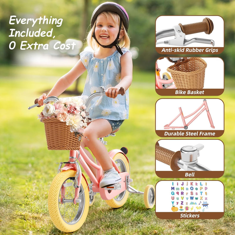 12-20 inch girls' bike with training wheels, pink, adjustable seat & handlebars, sturdy brakes & durable tires