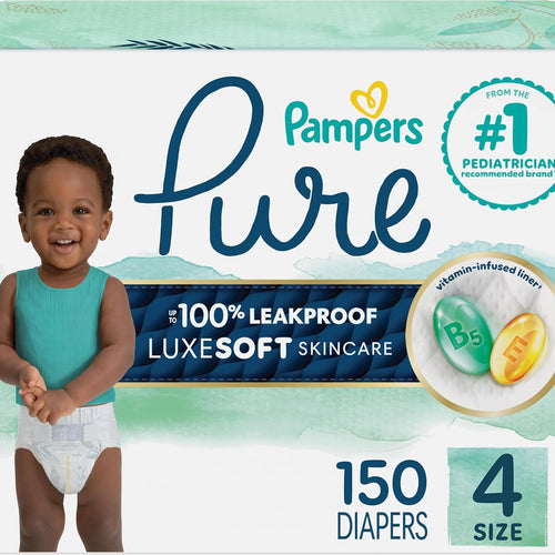 Pampers Pure Baby Diapers, Size 4 (22-37 lbs), 150, Up to 100% Leakproof, Premium Hypoallergenic Soft Diapers
