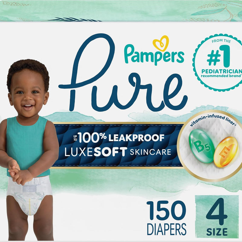 Pampers Pure Baby Diapers, Size 4 (22-37 lbs), 150, Up to 100% Leakproof, Premium Hypoallergenic Soft Diapers