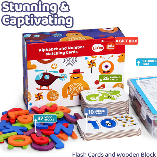 LiKee Wooden Alphabet Flash Cards and Puzzle for Preschool Educational Learning Games