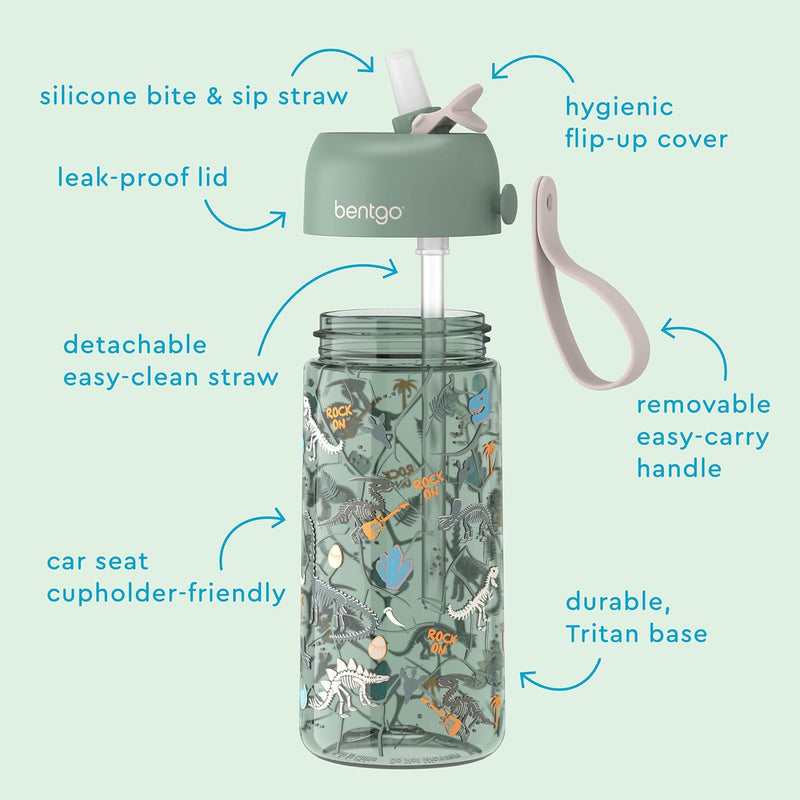 Bentgo Kids Water Bottle 2-Pack, Leak-Proof, 15 oz, Bite & Sip Spout | Durable Tritan, BPA-Free, Shatter-Resistant, Carry Handle, Top-Rack Dishwasher Safe (Dinosaur/Dino Fossils)