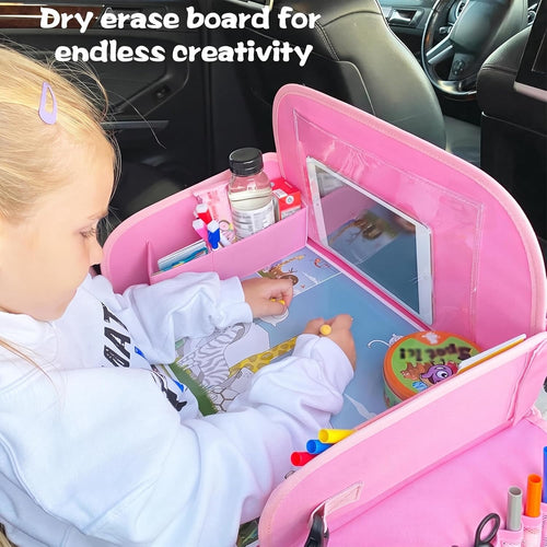 MENZOKE Kids Travel Tray for Toddler Car Seat, Road Trip Activities for Kid | Road Trip Essentials Accessories Lap Tray with iPad Holder Stand & Dry Erase Board as Travel Gifts for Kid, Pink