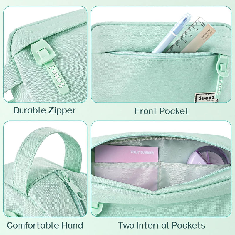 Sooez Original High Capacity Pencil Case, Big Pencil Bag Pouch Box Organizer Pen Case, Aesthetic Supply for Girls Adults, Portable Journaling Supplies with Easy Grip Handle & Loop, Mint Green