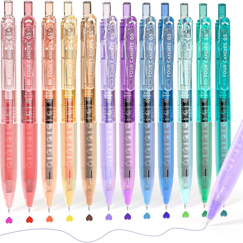 Four Candies 12 Pack 0.5mm Cute Quick-Dry Retractable Colored Gel Pens | 12 Ink Colors, Fine Point, Comfort Grip, Transparent, Smooth Writing, Note Taking, Drawing, for Nurse College School Office