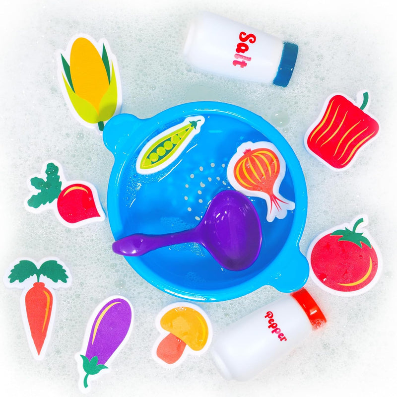 Tub Works® Tub Soup™ Scoop, Strain & Play Toddler Bath Toy | Floating Foam Veggies & Ladle