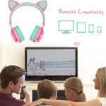 Riwbox CT-7 Cat Ear Kids Bluetooth Headphones, LED Light Up Bluetooth Wireless Over Ear Headphones with Microphone and Volume Control for Travel/School/Smartphones/Laptop/PC/TV (Pink&Green)